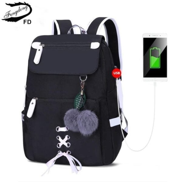 FengDong kids school backpack for girls school bags women shoulder bag fur ball bowknot backpacks for
