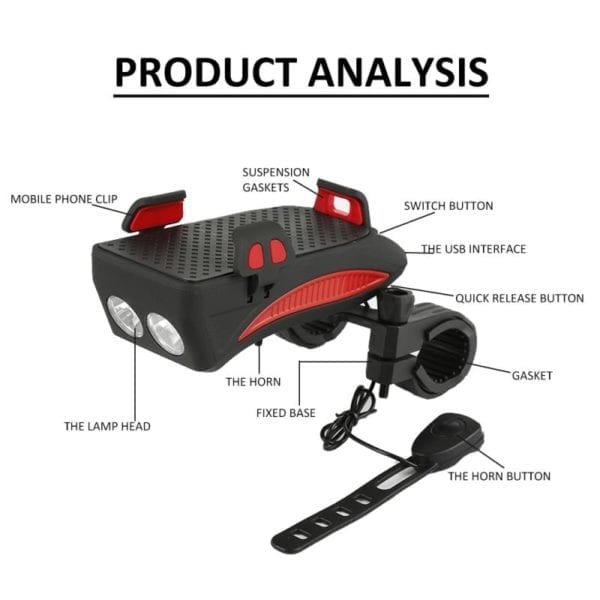 USB Rechargeable LED Bicycle Headlight Bike Horn Handlebar Phone Holder 4 in 1 multi function 2000 2