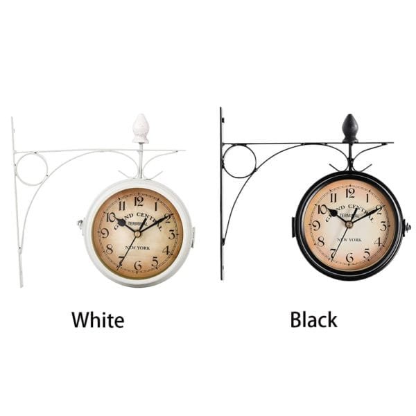 Wall Clock Vintage Battery Powered Mount Garden Outdoor Decoration Double Sided Retro Hanging European Style Coffee 1