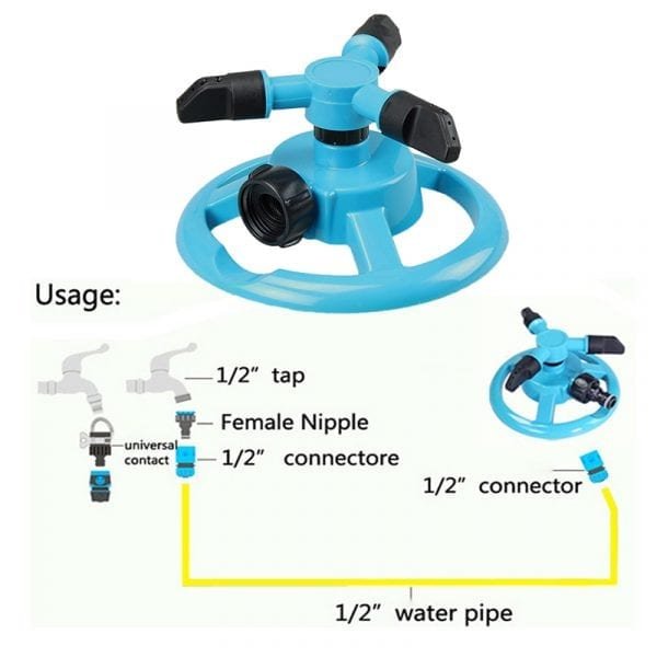360 Degree Circle Rotating Garden Sprinklers Automatic Watering Grass Lawn Water Sprinkler 3 Nozzles Three Arm 2