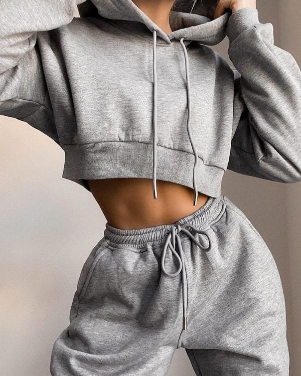 Women Fashion Casual Two Piece Set Sport Wear Solid Hooded Drawstring Cropped Top Pants Set