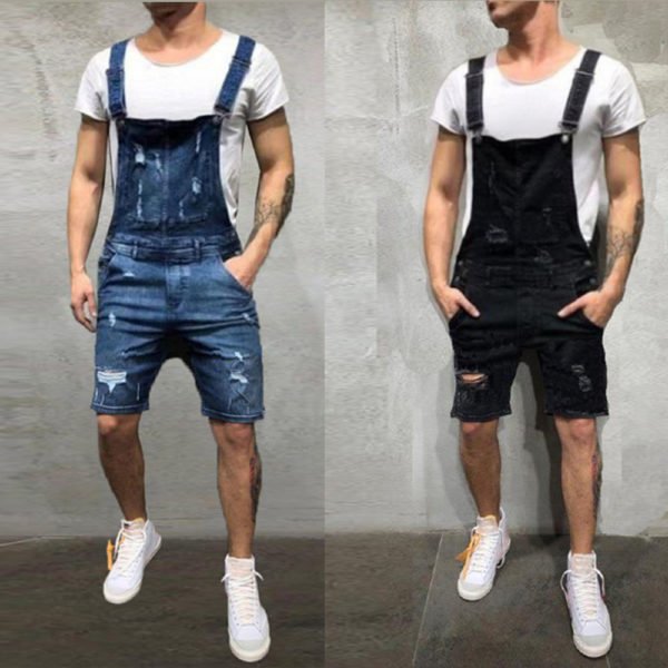 2020 Oversize Fashion Men s Ripped Jeans Jumpsuits Shorts Summer Hi Street Distressed Denim Bib Overalls 6