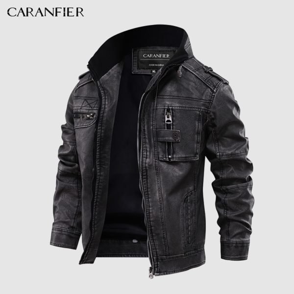 CARANFIER Mens Leather Jackets Motorcycle Stand Collar Zipper Pockets Male US Size PU Coats Biker