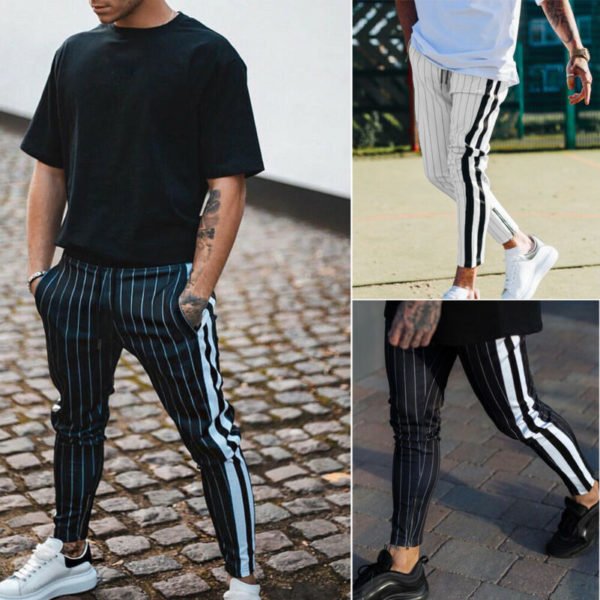 Casual Mens Slim Fit Tracksuit Black White Striped Sport Gym Skinny Jogging Joggers Sweat Pants Trousers 2