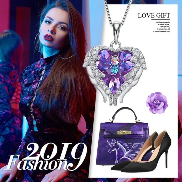 Cdyle Fashion Women 925 Sterling Silver Necklace with Purple Crystal Angel Wings Heart Pendant Necklace Birthday 7