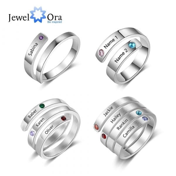 JewelOra Personalized Mothers Rings Custom Name Birthstone Wrap Rings for Women Engraved Jewelry Anniversary Gifts for