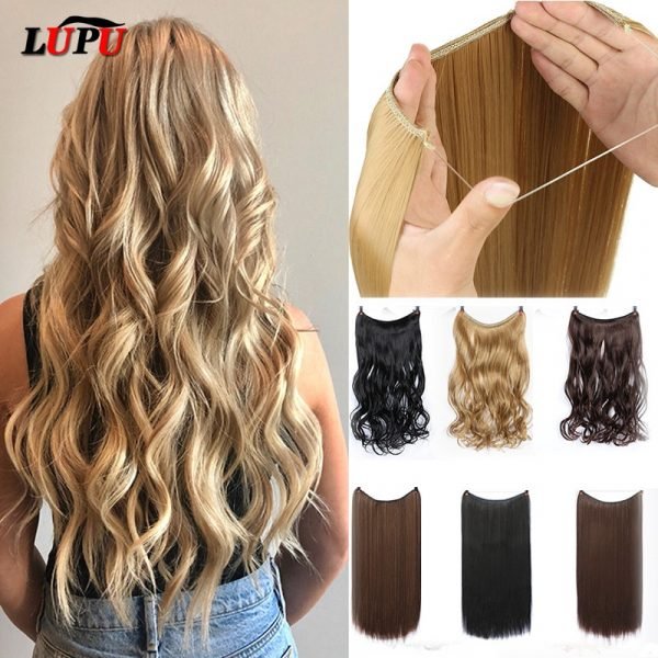 LUPU 24 Long Wavy Fish Line Hair Extensions Invisible Wire Secret No Clips In Hairpieces Synthetic