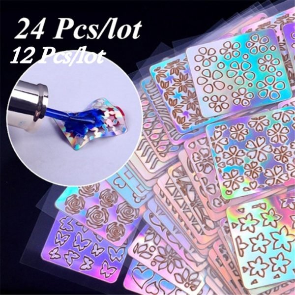 6 12 24 Sheet Hollow Nail Sticker 3D Foil Vinyls Laser Transfer Holographic Stencil Template Decoration 1