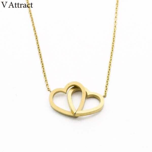 Double Heart Statement Necklace for Women Gold Stainless Steel Link Chian Wedding Jewelry Bijoux Femme Collier 4