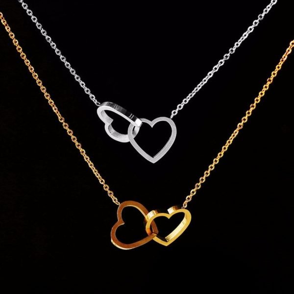 Double Heart Statement Necklace for Women Gold Stainless Steel Link Chian Wedding Jewelry Bijoux Femme Collier