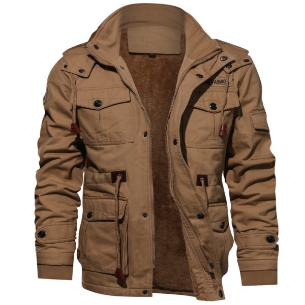 Male Plus Velvet Warm Hooded Tooling Wind Wash Tactical Jacket Men s Coat Plus Size M 1