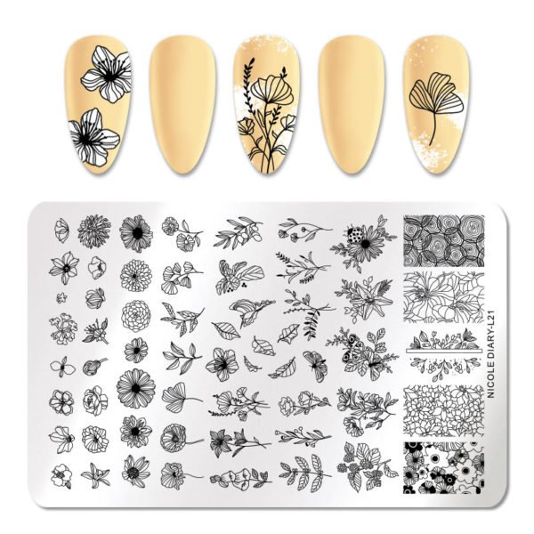 NICOLE DIARY Nail Stamping Plates Flower Rectangle Stainless Steel Nail Image Stencils Stamping Template Nail Arts 5
