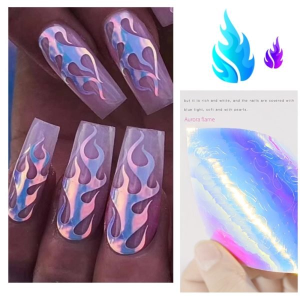 16Sheets Set fire Aurora Flame Nail Sticker Holographic Colorful Reflections Self Adhesive Foils DIY Nail Art 2