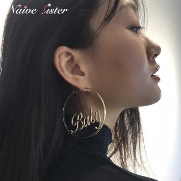 Big Round Hoop Earrings for Women Femme Baby Chicana Letter Statement Jewelry Personality Love Gift Fashion