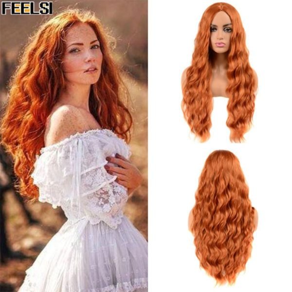 FEELSI Pure Red Black orange Color Long Water Wave Hairstyle Wigs For Women Synthetic Hair High