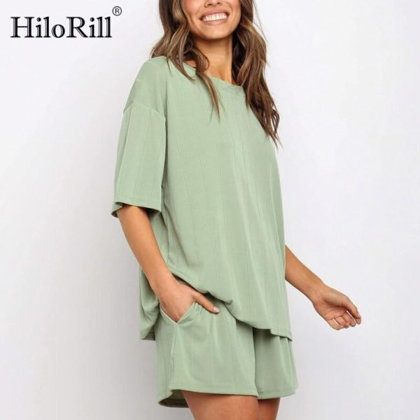HiloRill Women Solid Casual 2 Piece Set Summer Tracksuit Loose Short Sleeve Top Suit High Waist 2