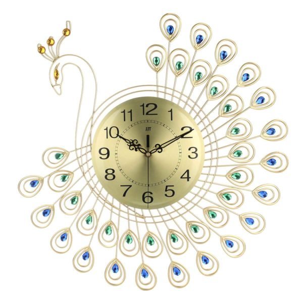 Large 3D Gold Diamond Peacock Wall Clock Metal Watch for Home Living Room