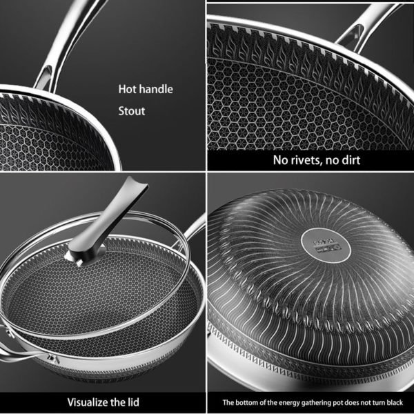 New Double Sided Screen Honeycomb Stainless Steel Wok Without Oil Smoke Frying Pan Pan Non Stick 2