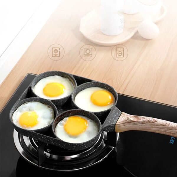 4 Hole Omelet Pan for Burger Eggs Ham Pancake Maker Wooden Handle Frying Pot Non stick 2