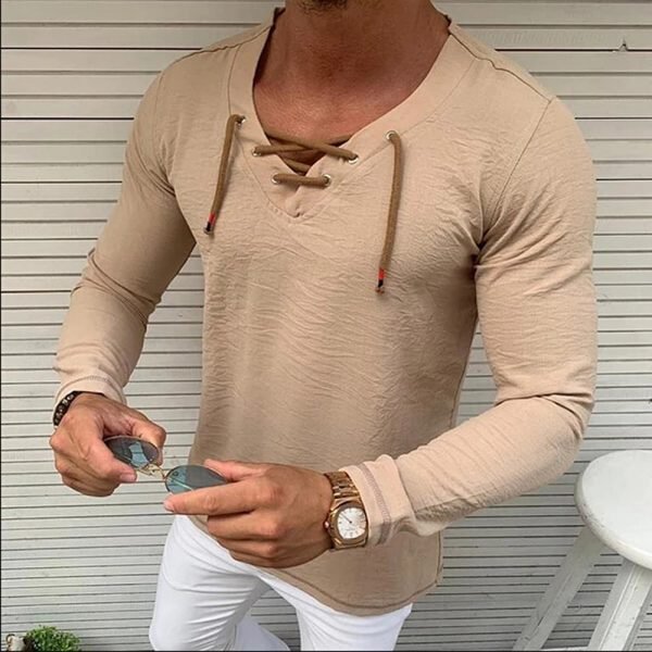Hirigin Men Casual Muscle T shirt Slim Fit V Neck Long Sleeve Loose Pure Color Tops 1