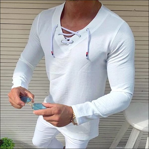 Hirigin Men Casual Muscle T shirt Slim Fit V Neck Long Sleeve Loose Pure Color Tops