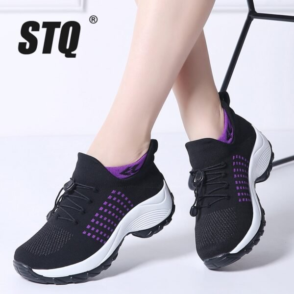 STQ 2020 Autumn Women Flat Platform Sneakers For Women Breathable Mesh Black Sneakers Shoes Ladies Laces