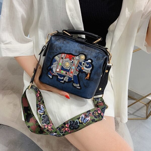 Vintage Embroidery Elephant Bag Bags Wide Butterfly Strap PU Leather Women Shoulder Crossbody Bag Tote Women