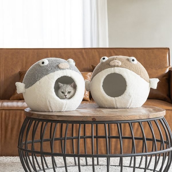 Puffer Fish Cat Cave Soft Cat Bed for Kitty Gray Warm Cat House 100 Cotton Cat 3