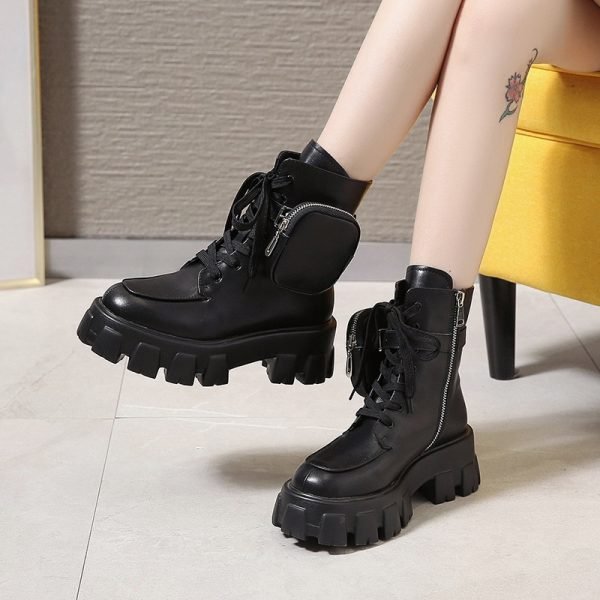 2020 New product Pocket Motorcycle Boots Women Platform Shoes Lace Up Thick soled Black Military Shoes 1
