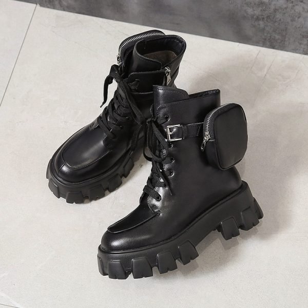 2020 New product Pocket Motorcycle Boots Women Platform Shoes Lace Up Thick soled Black Military Shoes 3