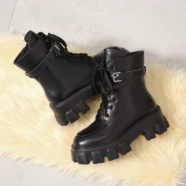 2020 New product Pocket Motorcycle Boots Women Platform Shoes Lace Up Thick soled Black Military Shoes 4