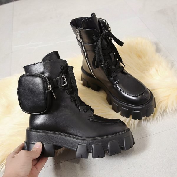 2020 New product Pocket Motorcycle Boots Women Platform Shoes Lace Up Thick soled Black Military Shoes 5