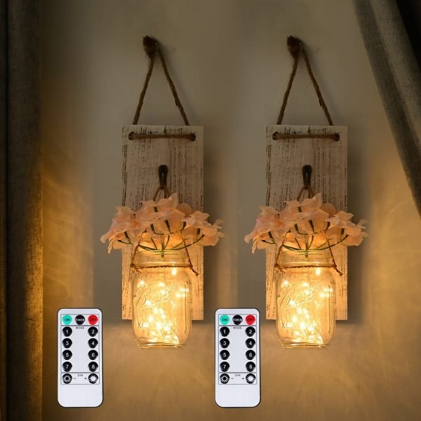 2Pcs Mason Jar Sconce Rustic Wall Decor with Fairy Lights Hanging Wallrt for Indoor Outdoor FARM