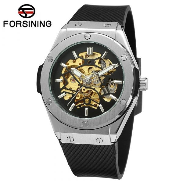 Forsining Fashion Men s Gold Dial Hollow Mechanical Men s Wrist Watch Silicone Strap