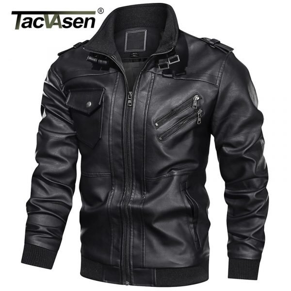 TACVASEN Leather Jacket Men Multi pockets Motorcycle Biker Faux Leather Jackets Vintage Casual PU Leather Jacket