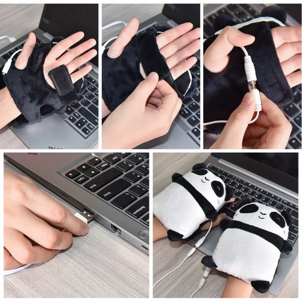 USB Heated Gloves Electric Heating Hand Warmers Fingerless Cute Panda Shape Hand Warmer Office Home Work 4