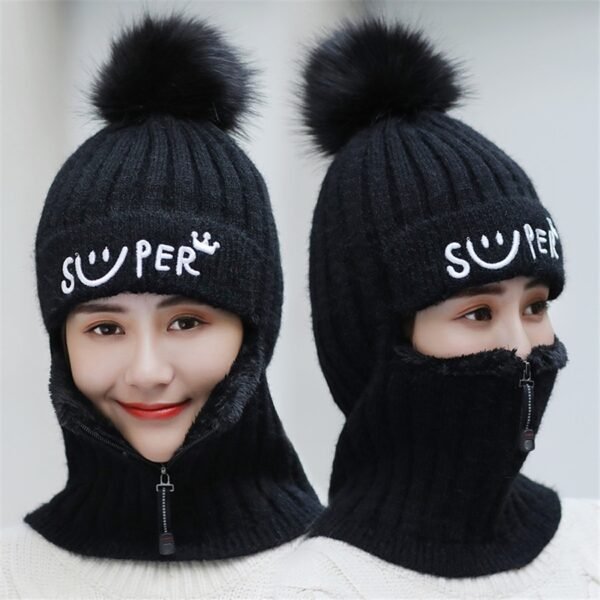 Brand Winter Hats Set Women Knitted Wool Hat Mask Lady Warm Velvet Thick Cycling Beanies Skullies 1