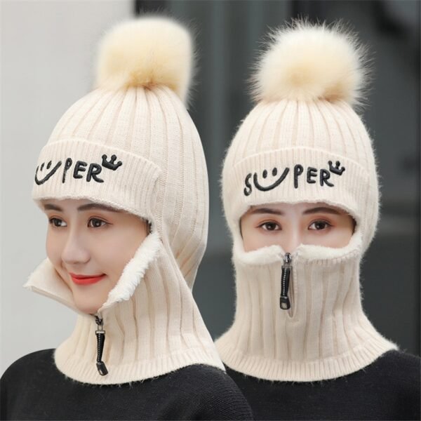 Brand Winter Hats Set Women Knitted Wool Hat Mask Lady Warm Velvet Thick Cycling Beanies Skullies 3