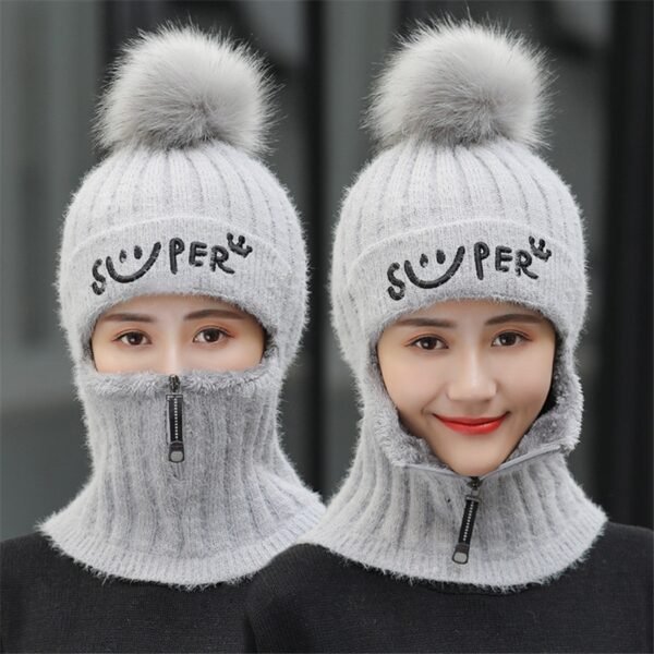 Brand Winter Hats Set Women Knitted Wool Hat Mask Lady Warm Velvet Thick Cycling Beanies Skullies 4