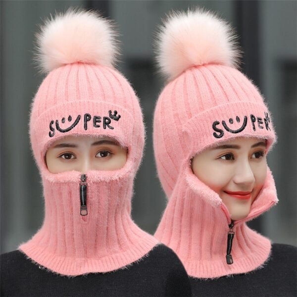 Brand Winter Hats Set Women Knitted Wool Hat Mask Lady Warm Velvet Thick Cycling Beanies Skullies
