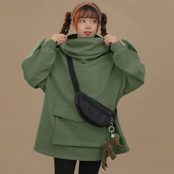 Plus Velvet Sweatshirt Women Hoodies Sweet Japan Top Creative Stitching Three dimensional Cute Frogs Pullover Pocket 2