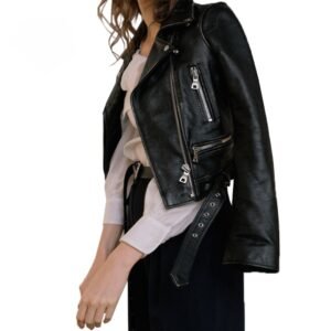 FTLZZ New Women Autumn Winter Black Faux Leather Jackets Zipper Basic Coat Turn down Collar Motor 3