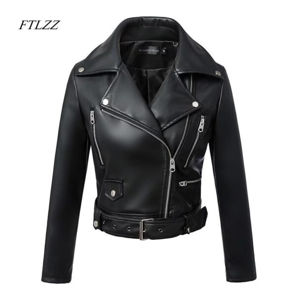 FTLZZ New Women Autumn Winter Black Faux Leather Jackets Zipper Basic Coat Turn down Collar Motor