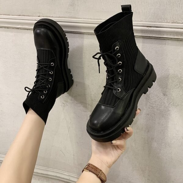 Fashion motorcycle boots 2020 Spring and autumn new versatile lace up Martin boots knitted stitching female 1