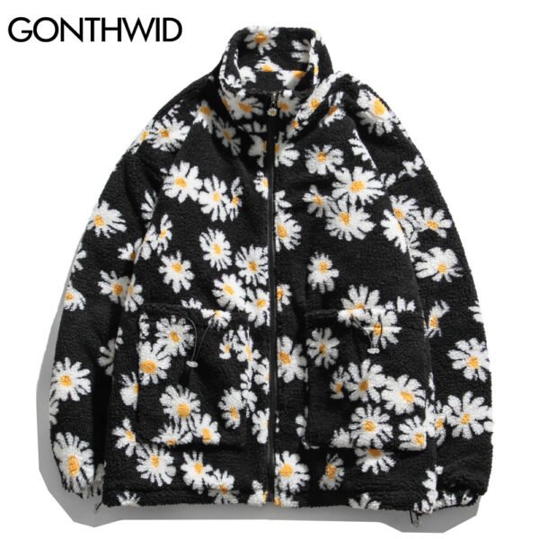 GONTHWID Cotton Padded Thick Parkas Jackets Streetwear Hip Hop Daisy Print Fleece Warm Full Zip Coats 2