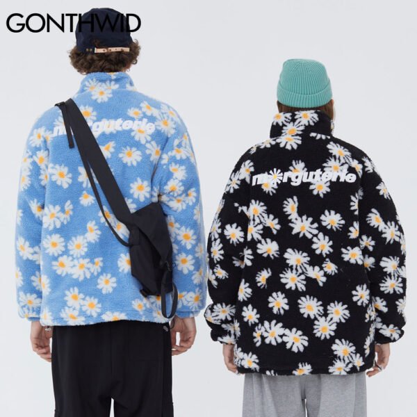 GONTHWID Cotton Padded Thick Parkas Jackets Streetwear Hip Hop Daisy Print Fleece Warm Full Zip Coats 4