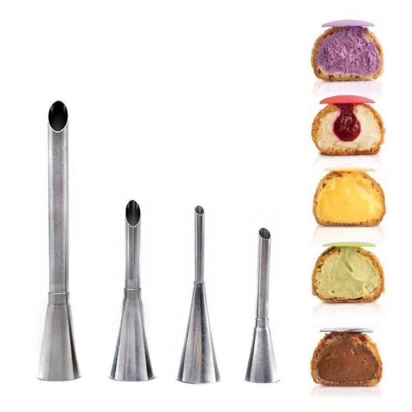 4Pcs Eclairs Puff Nozzle Cupcake Injector Pastry Syringe Cream Piping Tip Nozzles Kit Cake Dessert Confectionery