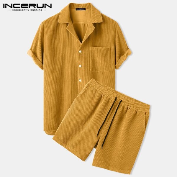 Men Corduroy Sets Streetwear 2020 Short Sleeve Button Lapel Shirts Shorts Solid Color Cozy Mens Casual 1