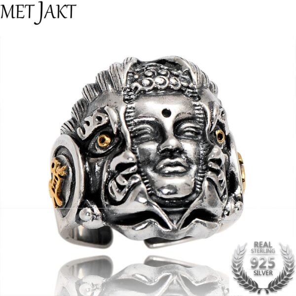 MetJakt Buddha and Devil Rings Solid Real 925 Sterling Silver for Men Vintage Punk Rock Thai