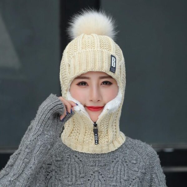 Women Wool Knitted Hat Ski Hat Sets For Female Windproof Winter Outdoor Knit Warm Thick Siamese 2